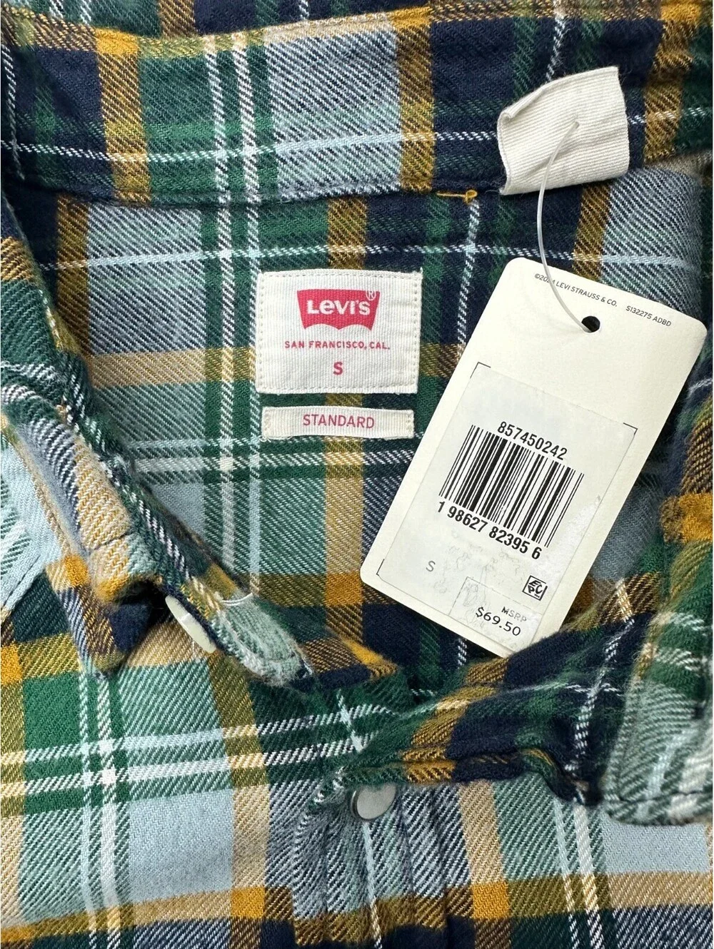 Levi's Standard Western Snap Flannel Shirt Men Small Green Plaid NWT (MSRP $69)